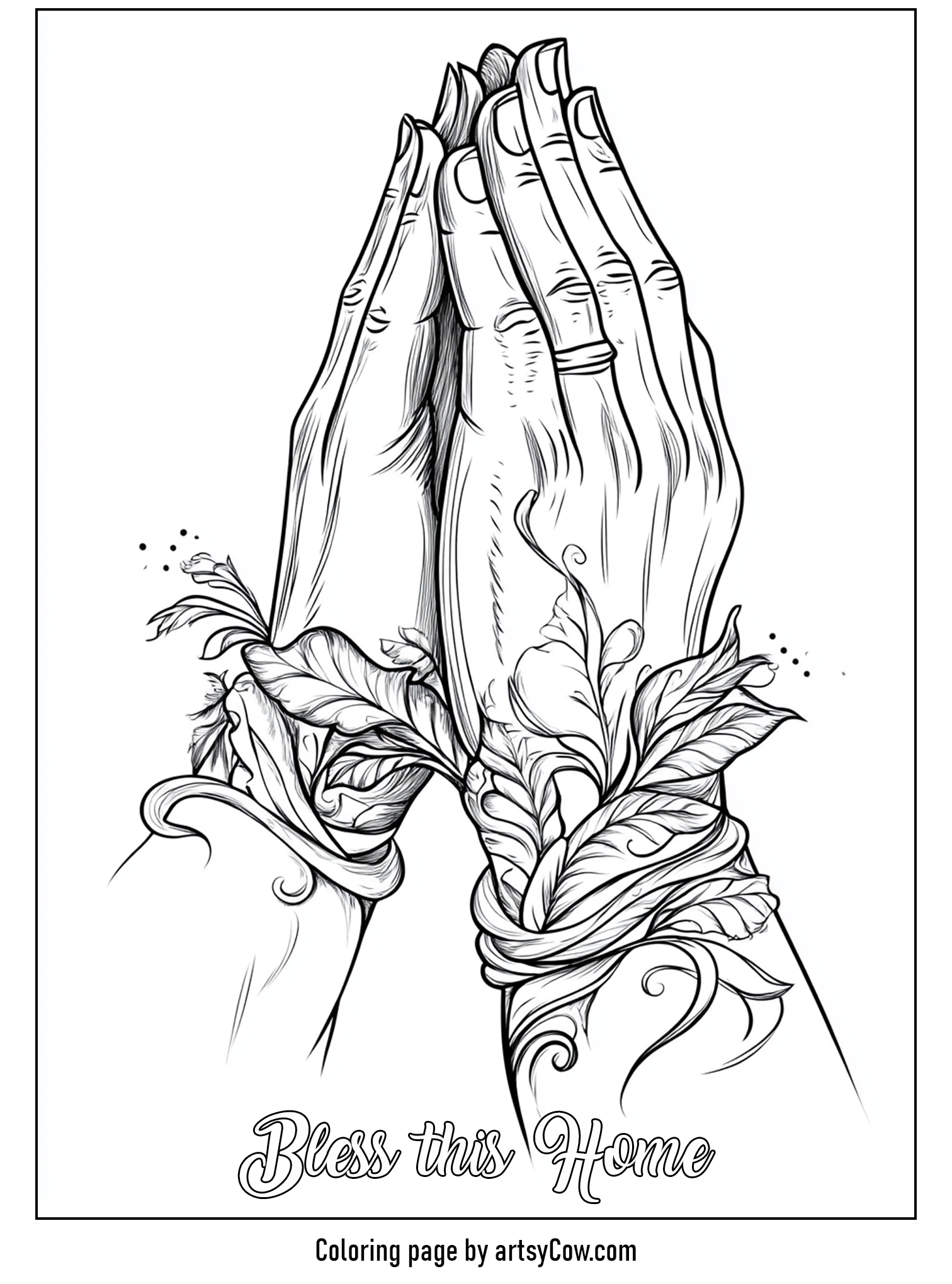 thanksgiving coloring pages for adults featuring hands in prayer adorned with leaves and the words 'Bless this Home'.